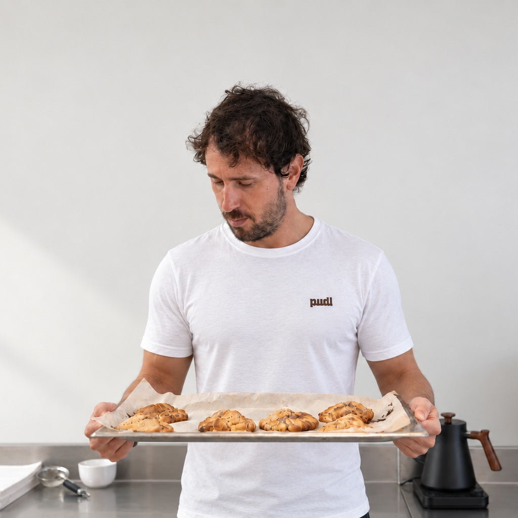 Fernando Zaccaro, fundador de PUDL, con una bandeja de cookies recién horneadas en el obrador